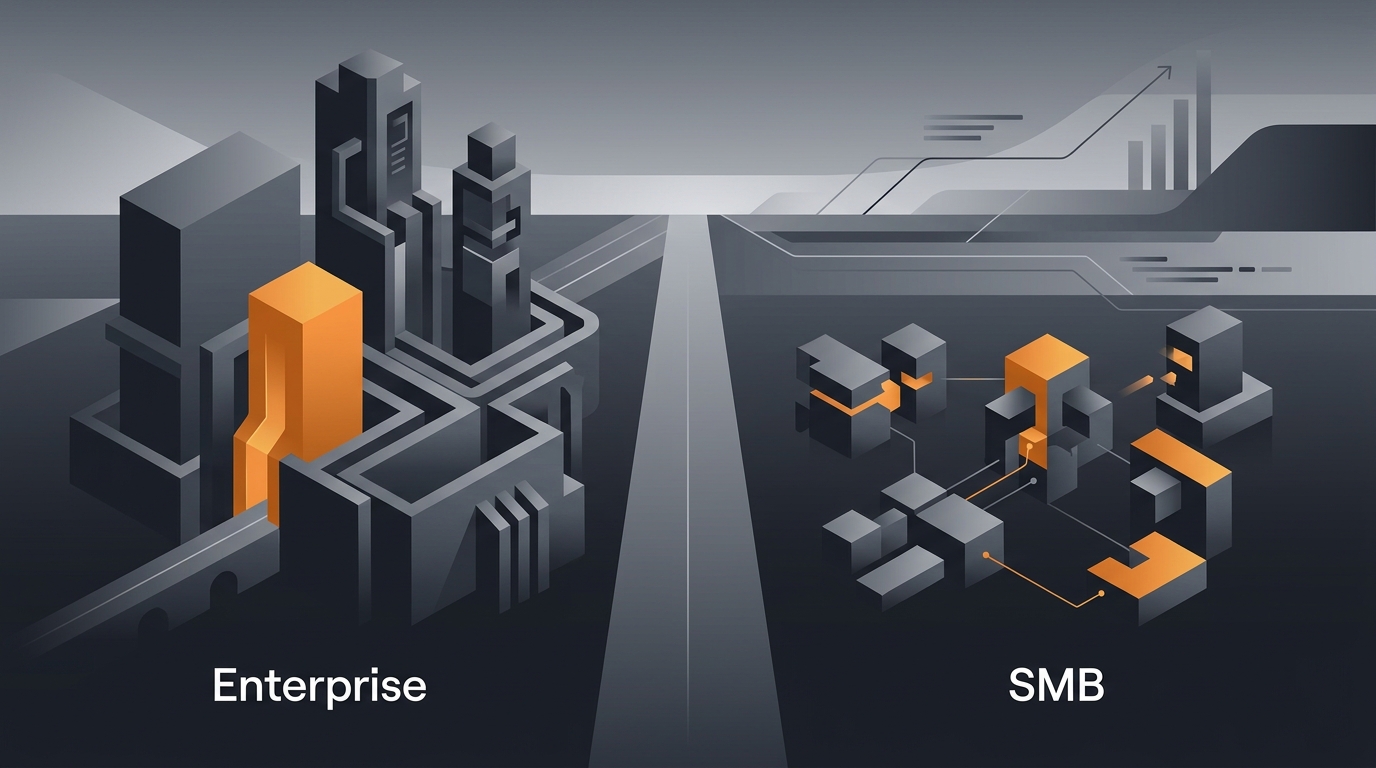A split-screen comparison of a large enterprise team and a small business owner each adopting AI agents in 2026, showing two contrasting adoption profiles