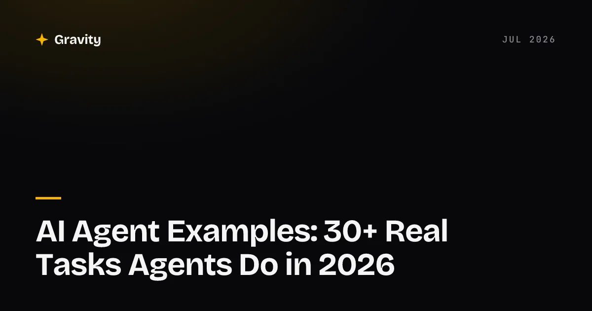 Grid of AI agent examples grouped by job: inbox, sales, reporting, operations, marketing, and personal tasks