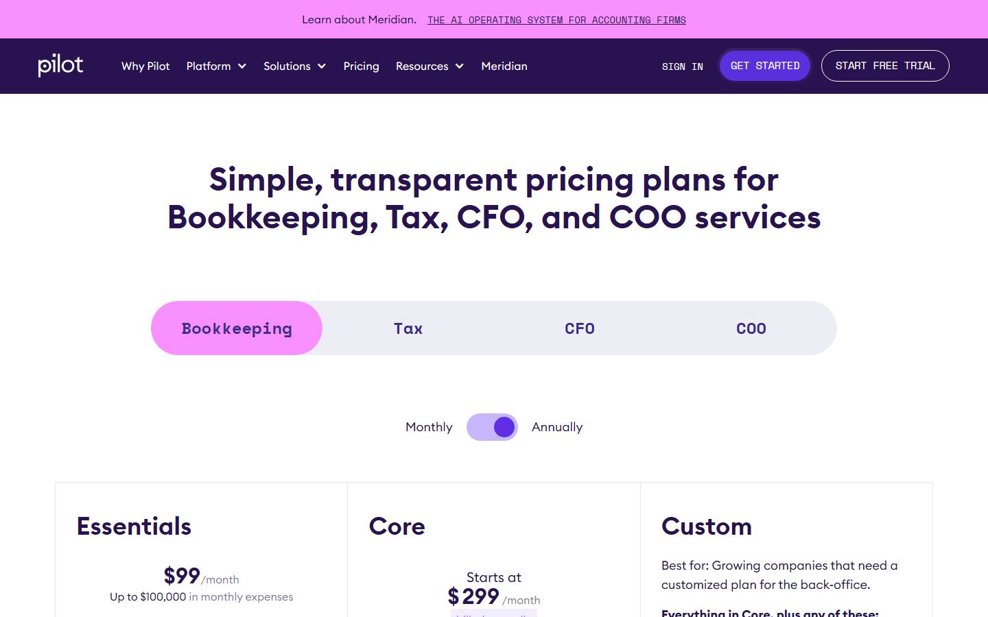 Pilot's pricing page with the Bookkeeping tab selected, a monthly and annual billing toggle above three plan cards, and the Essentials card reading 99 dollars a month for up to 100,000 dollars in monthly expenses.