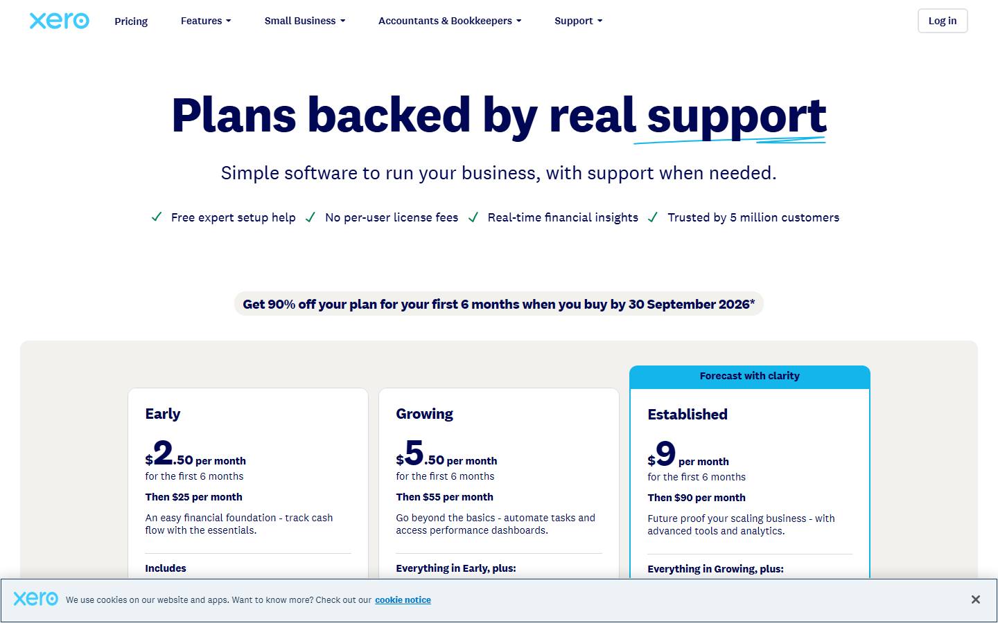 Xero's US plans page under a banner offering 90 percent off for the first six months when you buy by 30 September 2026, with the Early, Growing and Established cards each showing a cut introductory rate above the standard $25, $55 and $90 a month.