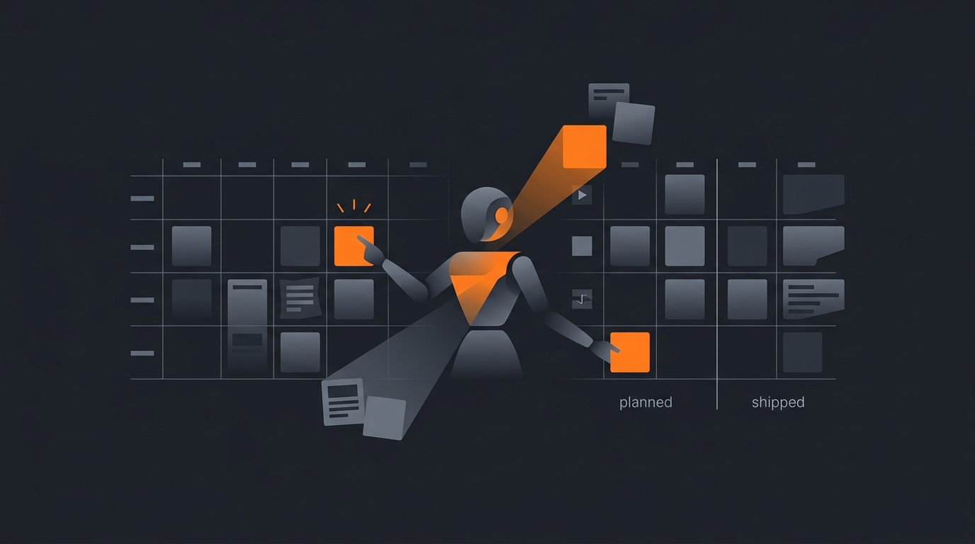 A content calendar grid with one empty week glowing as an alert while an AI agent icon tends the schedule, dark brand palette