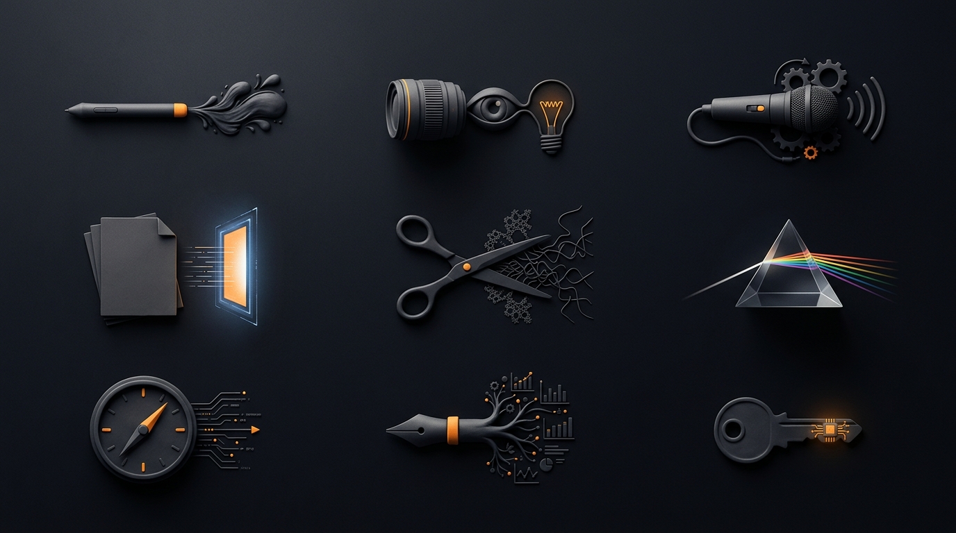 Nine matte icons on a dark grid: an inking stylus, a lens joined to an eye and a lightbulb, a microphone with gears, documents feeding a screen, scissors cutting tangled threads, a prism splitting light, a compass with circuit traces, a pen nib branching into charts, and a key with a lit microchip