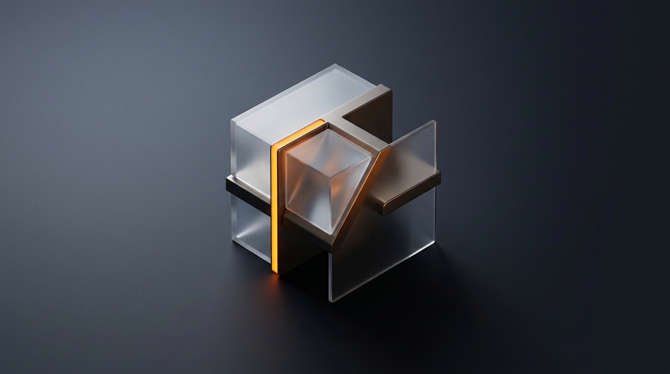 Abstract isometric render of translucent glass panels cutting through a metallic cube, one edge lit orange