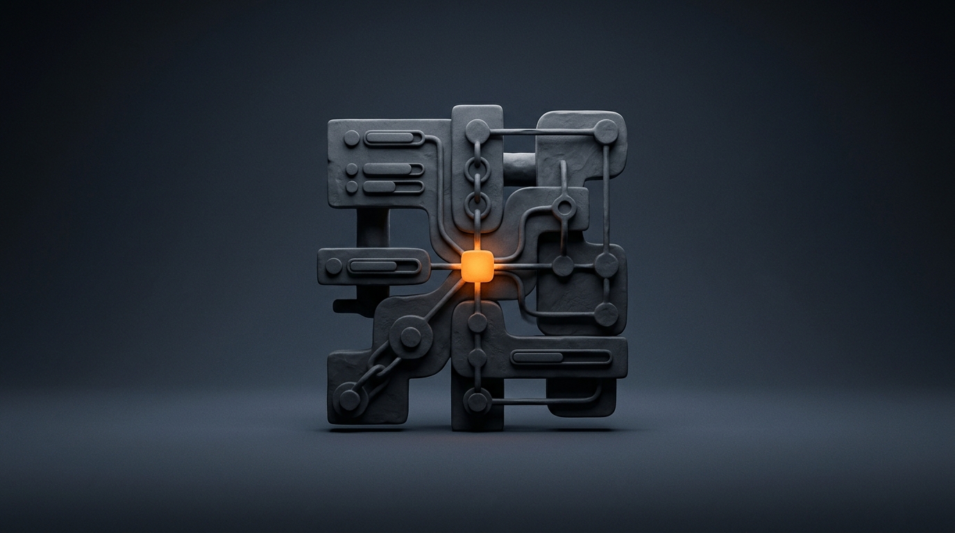 A dark grey sculptural grid of interlocking task modules joined by rails and pivots, with one small node glowing orange at the centre.