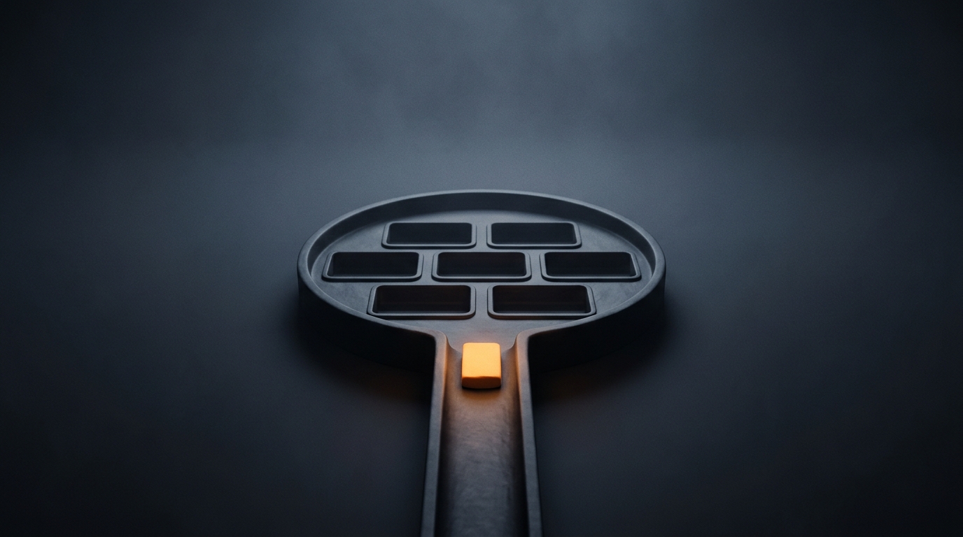 A dark round tray holding seven identical unlit tiles above a narrow chute, with one tile glowing orange as it leaves the tray.