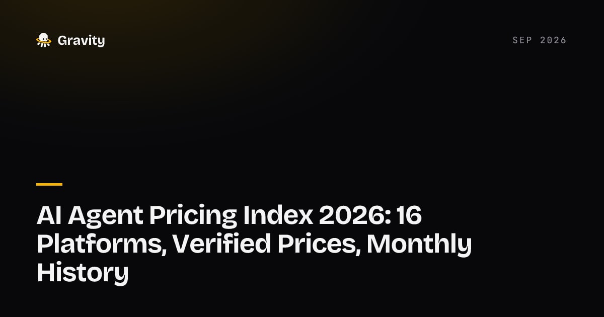 Cover card: AI agent pricing index 2026, 16 platforms with verified prices and monthly history, Gravity blog