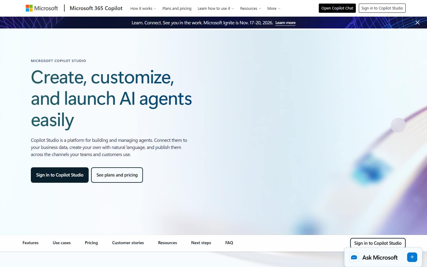 Microsoft Copilot Studio's homepage on 17 September 2026, headed Create, customize, and launch AI agents easily