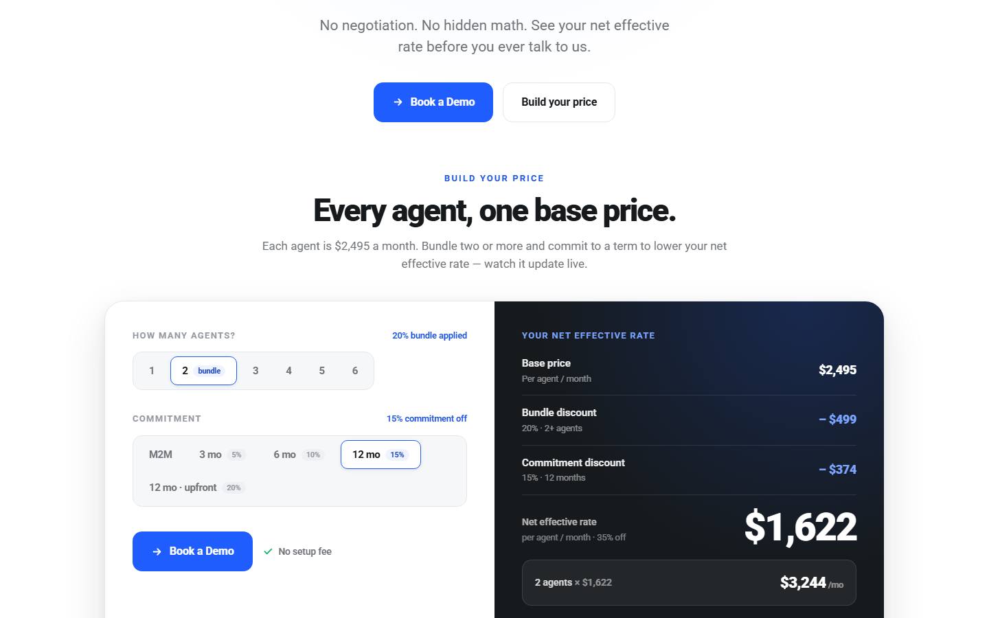 CarDealer.ai's price builder, captured 22 October 2026, stating that each agent is $2,495 a month and opening on two agents and a 12-month term at $1,622 per agent.