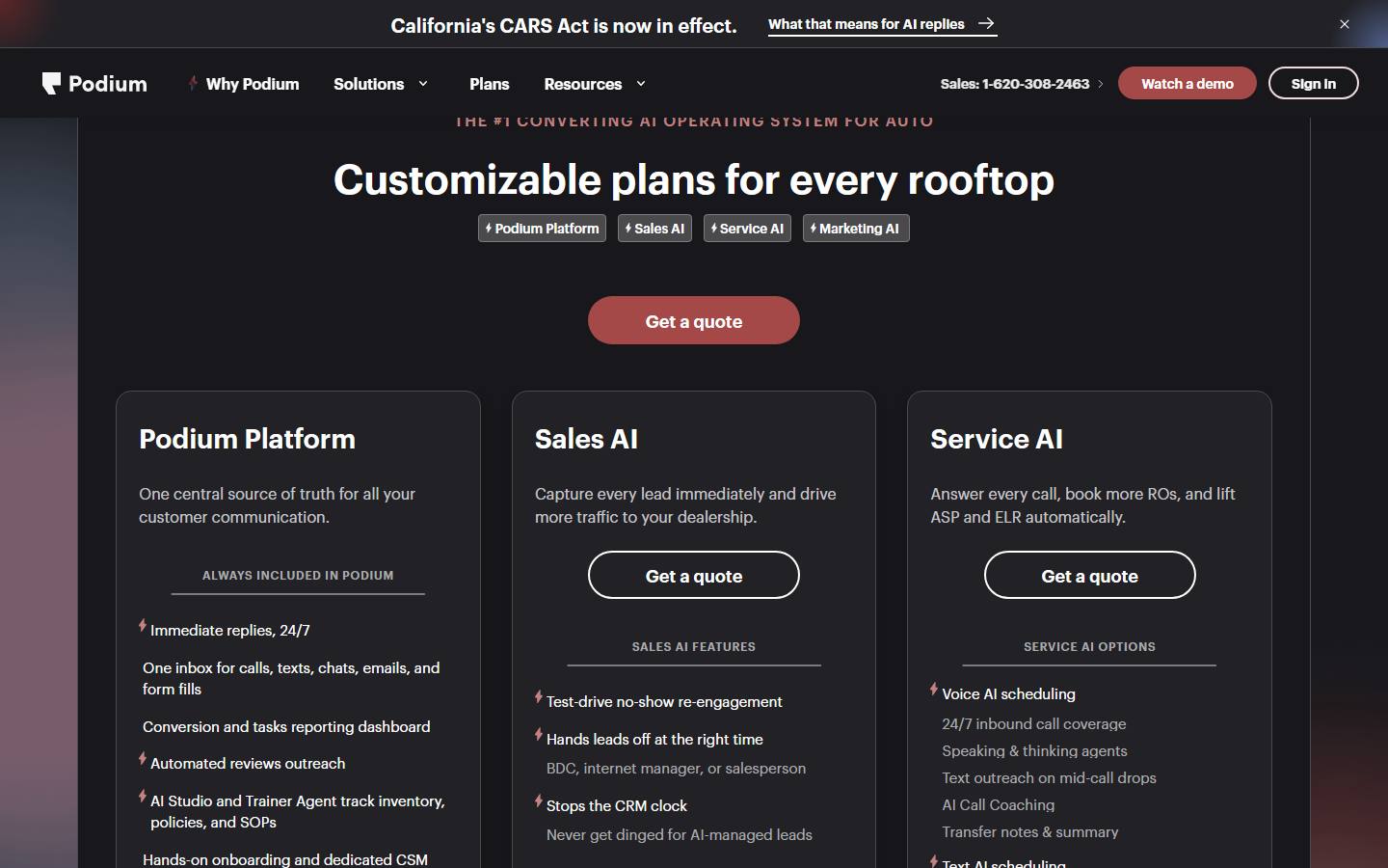 Podium's automotive plans page, captured 22 October 2026, showing Get a quote on its plan cards under a site banner saying California's CARS Act is now in effect.