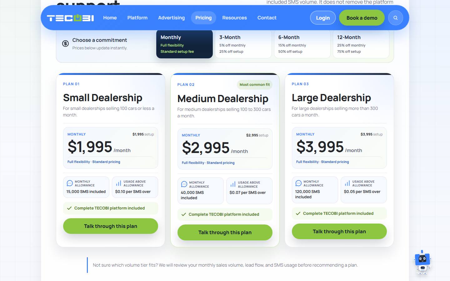 Tecobi's pricing page, captured 22 October 2026, on month-to-month terms, showing Small at $1,995, Medium at $2,995 and Large at $3,995 a month, each with a setup fee of the same amount.