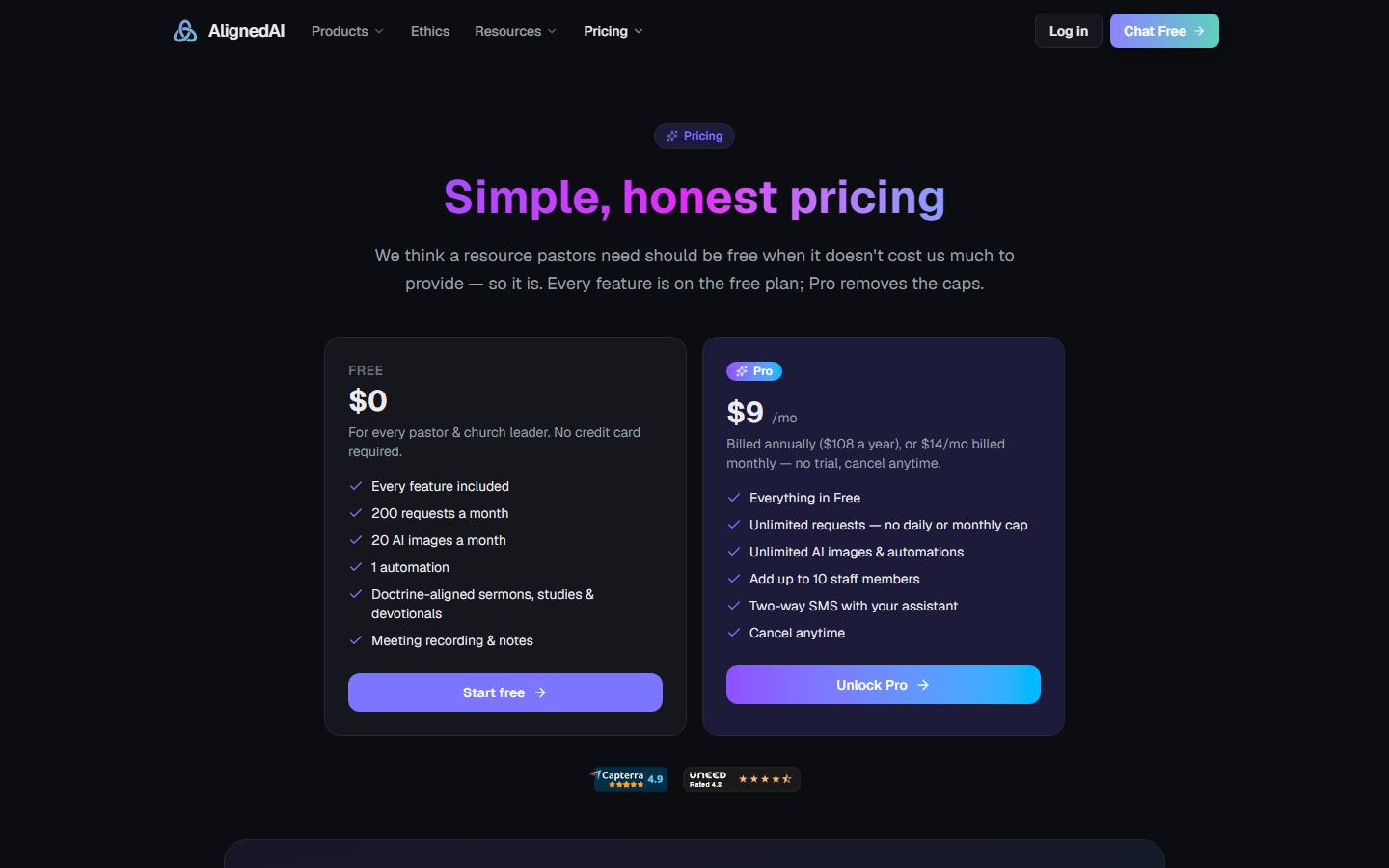 AlignedAI's pricing page, captured 14 October 2026, showing a Free plan at $0 and a Pro plan at $9 a month billed annually or $14 billed monthly.