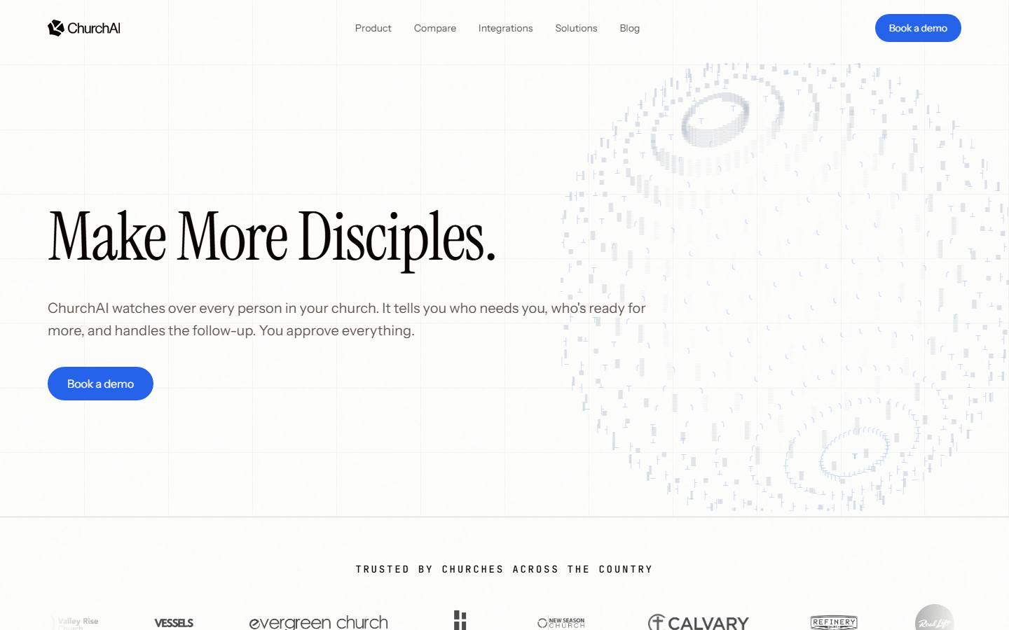 ChurchAI's homepage, captured 14 October 2026, with the headline Make More Disciples, a line saying it watches over every person in a church, and a Book a demo button.