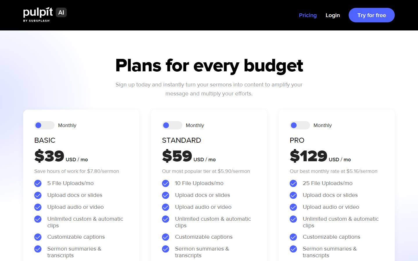 Pulpit AI's pricing page, captured 14 October 2026, showing the default monthly view with Basic at $39, Standard at $59 and Pro at $129 a month in US dollars.