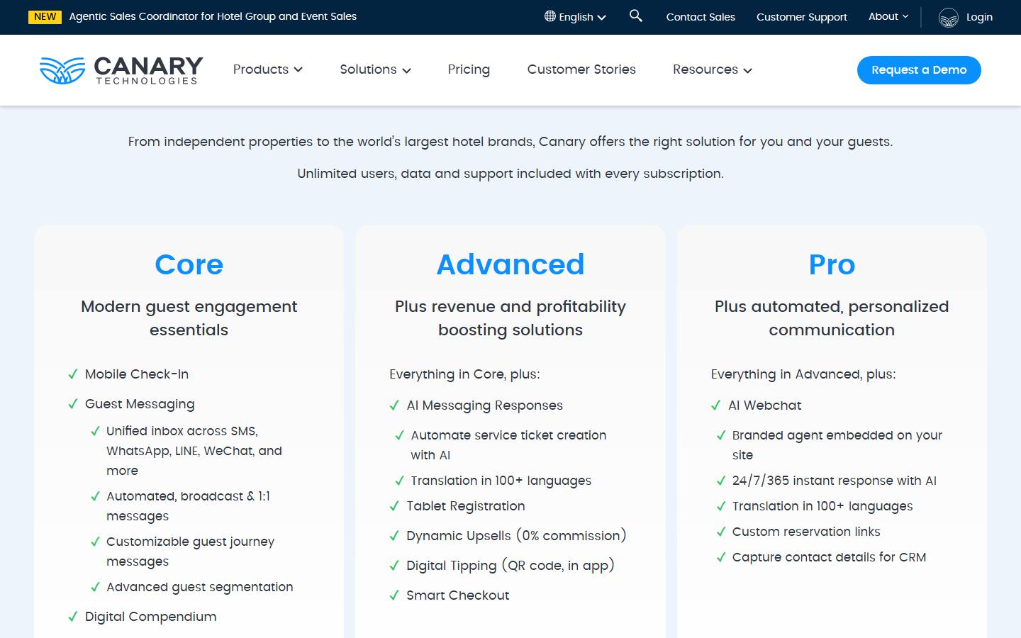 Canary Technologies' pricing page, captured 16 October 2026, showing feature lists for its Core, Advanced and Pro bundles and no prices.