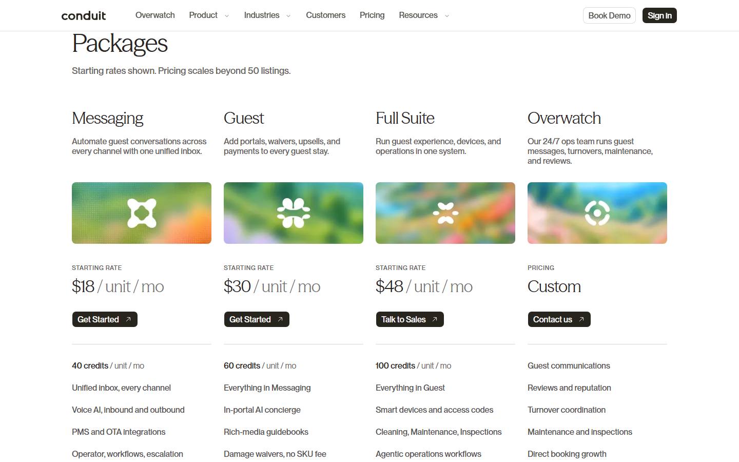 Conduit's pricing page, captured 16 October 2026, showing Messaging at $18, Guest at $30 and Full Suite at $48 per unit per month, with a custom Overwatch package.
