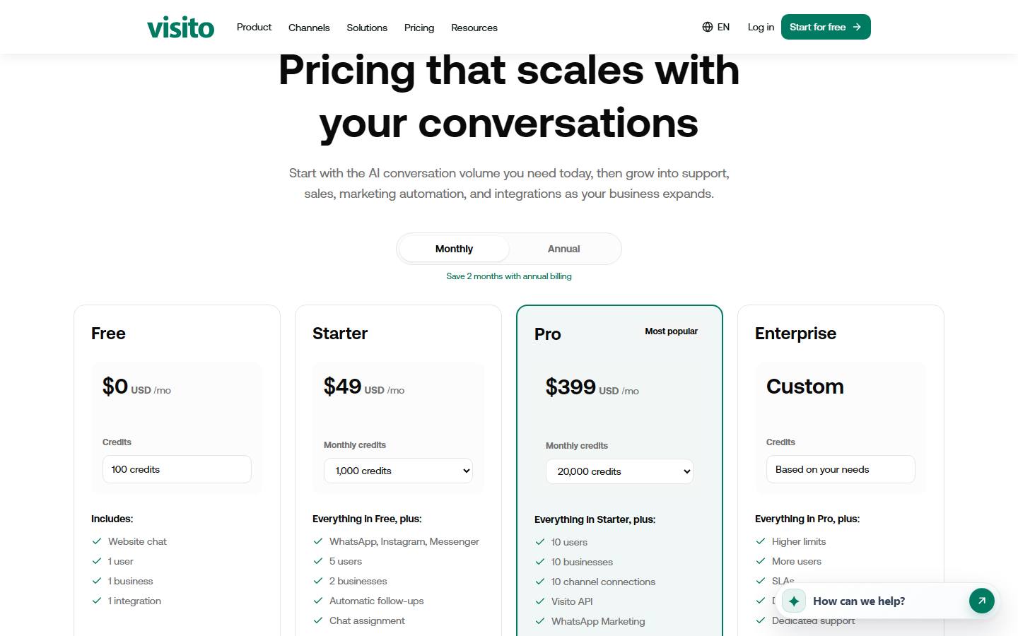 Visito's pricing page, captured 16 October 2026, in its default monthly view, showing Free at $0, Starter at $49 and Pro at $399 a month in US dollars, with Enterprise at a custom price.