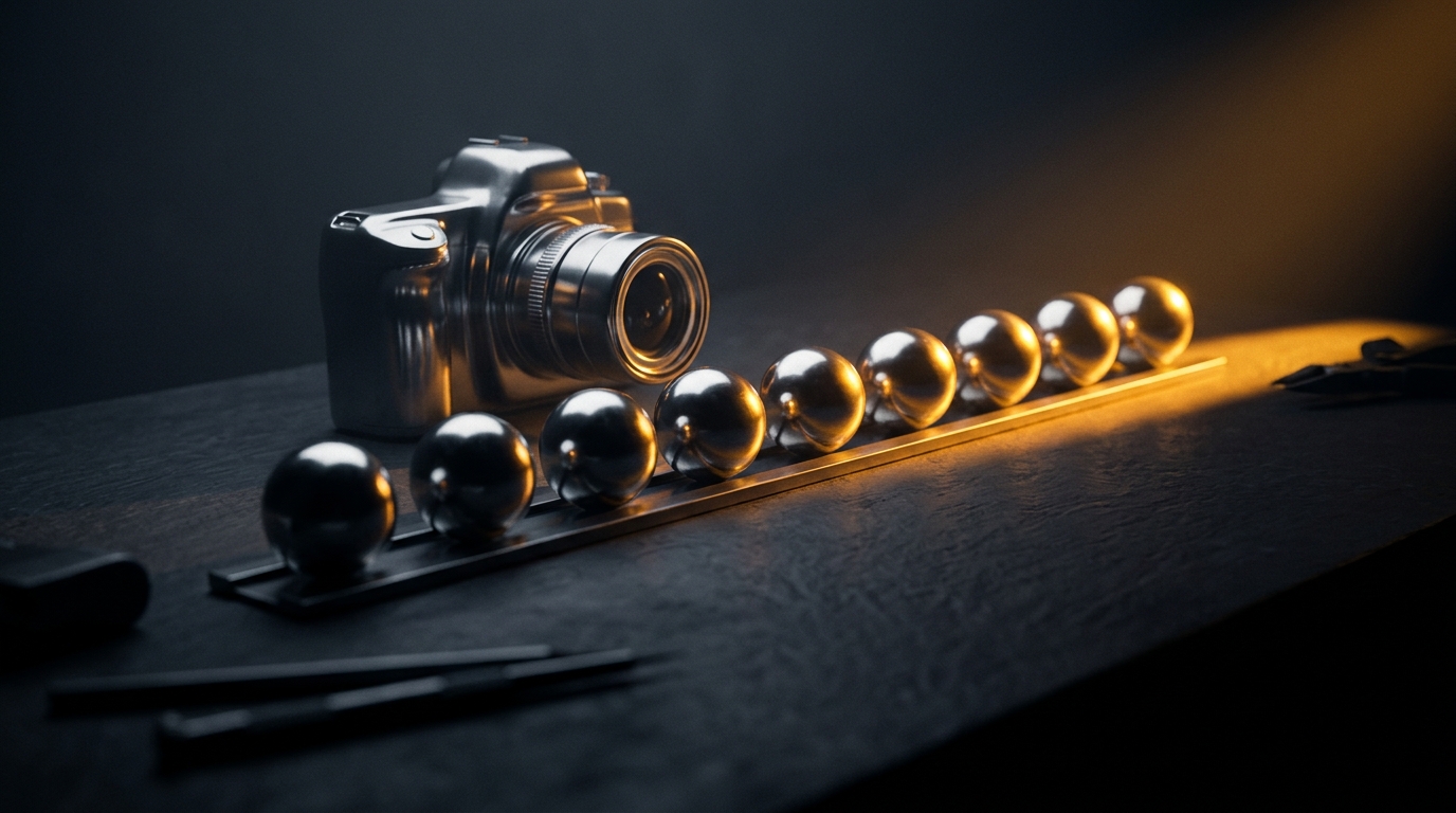 A row of polished metal spheres lined up on a rail beside a camera on a dark desk, lit from one side
