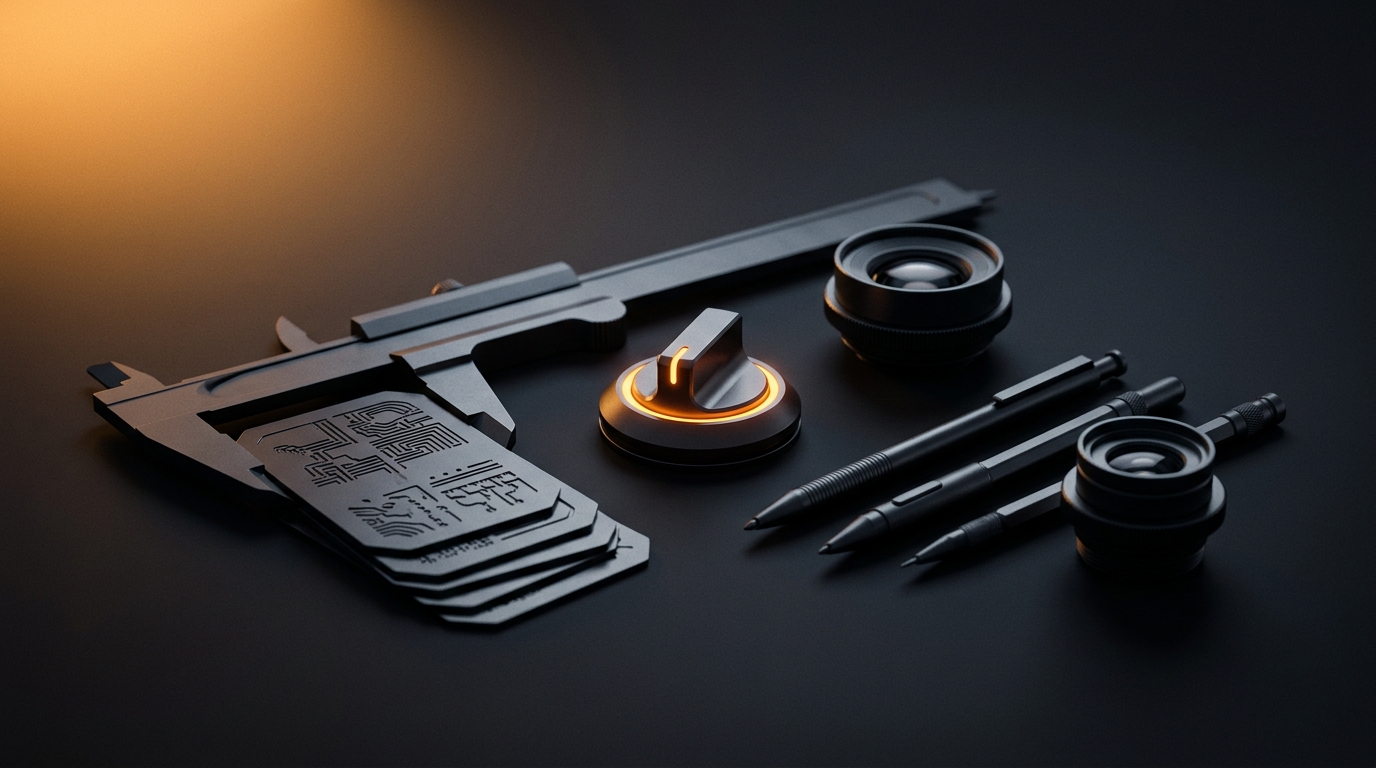 Vernier calipers measuring a stack of etched cards beside precision pens and two lenses on a dark surface