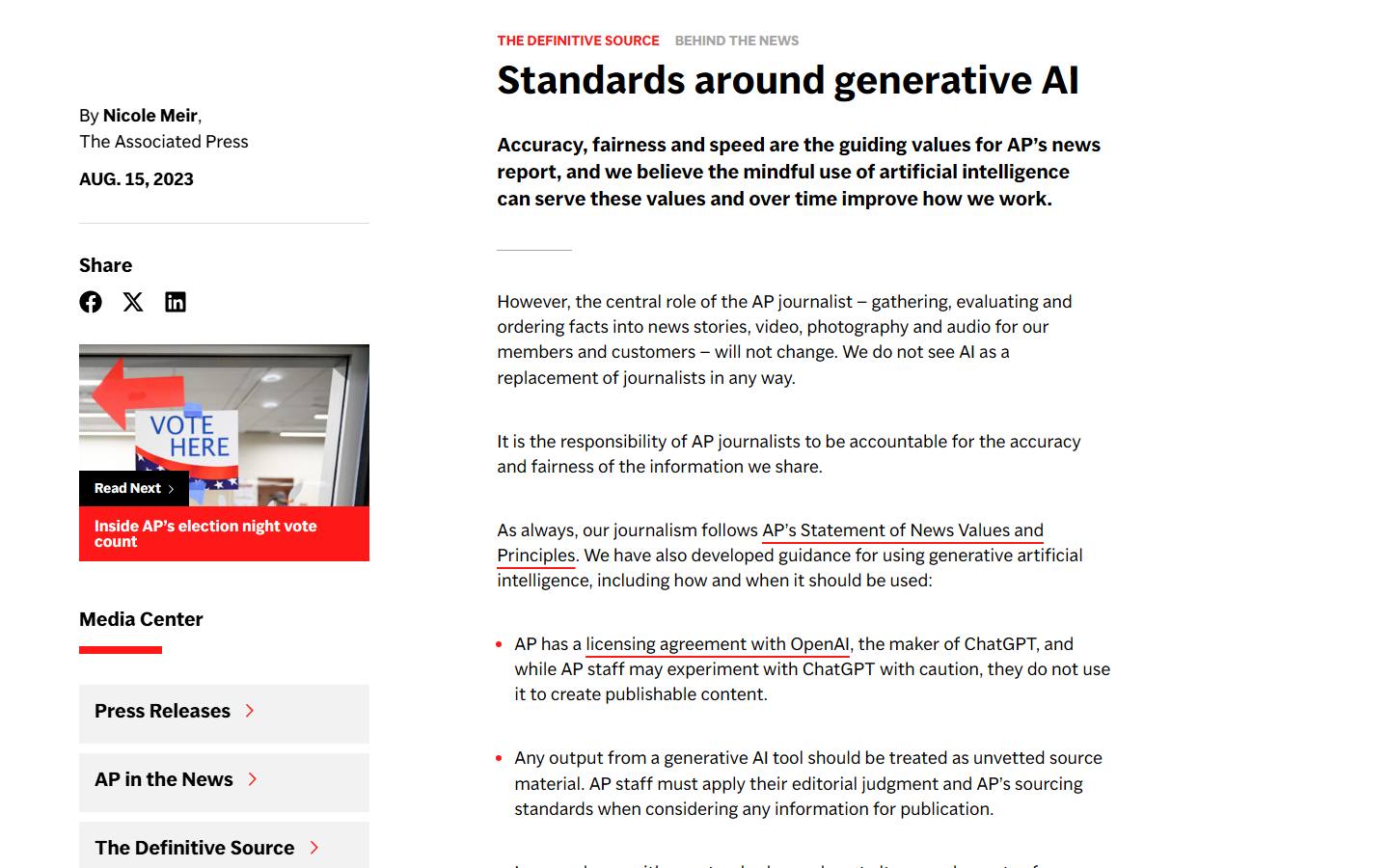 The Associated Press article Standards around generative AI by Nicole Meir, dated August 15, 2023 and captured 17 October 2026, showing the line about treating AI output as unvetted source material.