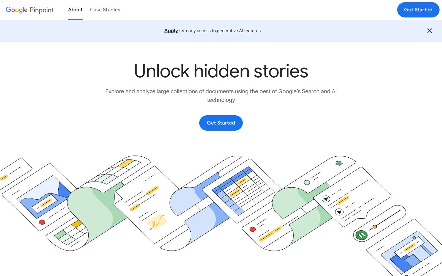 The Google Pinpoint about page, captured 17 October 2026, with a bar inviting users to apply for early access to generative AI features; the page shows no price.
