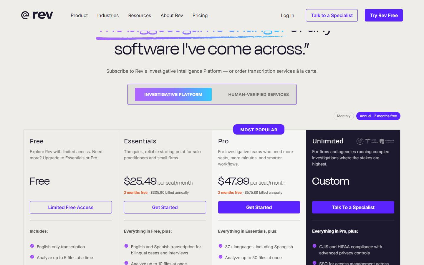 Rev's pricing page in its default annual billing view, captured 17 October 2026, showing a Free plan, Essentials at $25.49 and Pro at $47.99 per seat a month billed annually, and a custom-priced Unlimited plan.