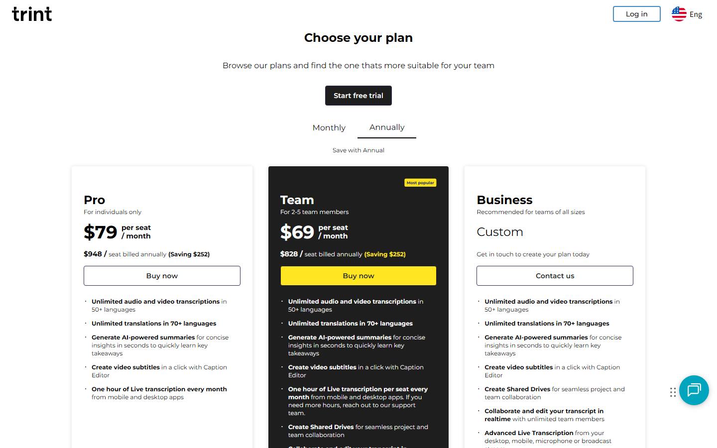 Trint's plans page in its default annual billing view, captured 17 October 2026, showing Pro at $79 and Team at $69 per seat a month billed annually, and a custom-priced Business plan.