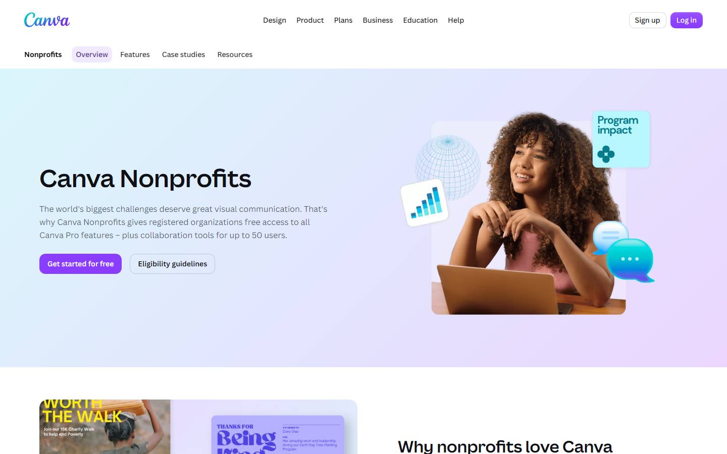 Canva Nonprofits page, captured 23 October 2026, offering registered organizations free access to all Canva Pro features plus collaboration tools for up to 50 users.