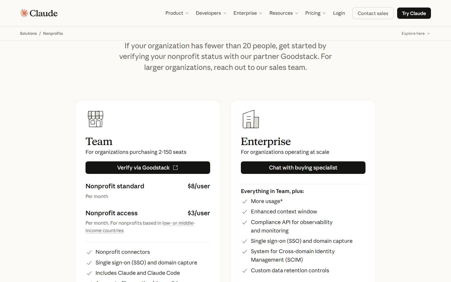 Claude for Nonprofits pricing page, captured 23 October 2026, showing Team at $8 per user a month and $3 for nonprofits in low- or middle-income countries.