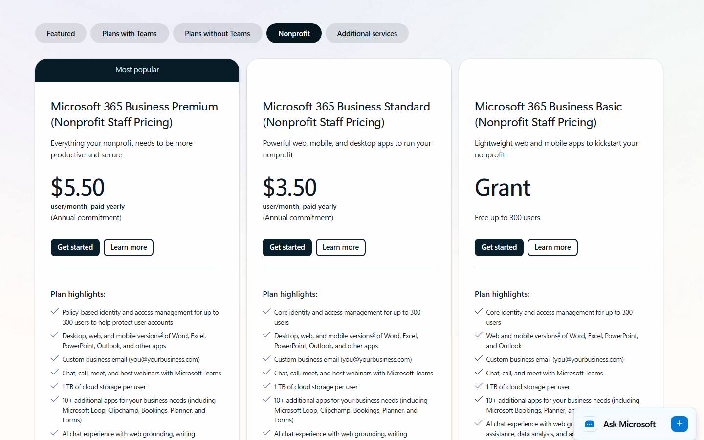 Microsoft 365 nonprofit plans page, captured 23 October 2026, with the Nonprofit tab showing Business Premium at $5.50, Business Standard at $3.50 and Business Basic as a free grant for up to 300 users.