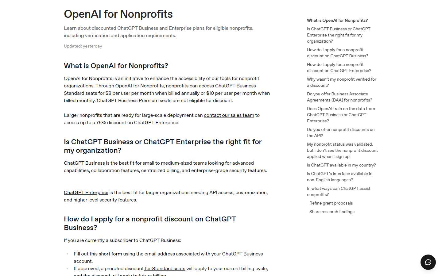 OpenAI's nonprofit help article, captured 23 October 2026, showing ChatGPT Business Standard seats at $8 per user a month billed annually or $10 monthly, with Premium seats not eligible for the discount.