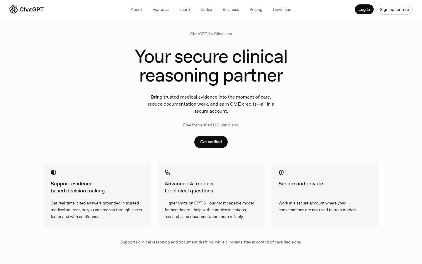 OpenAI's ChatGPT for Clinicians page, captured 17 October 2026, with the headline ChatGPT for Clinicians, the line Free for verified U.S. clinicians, and a Get verified button.