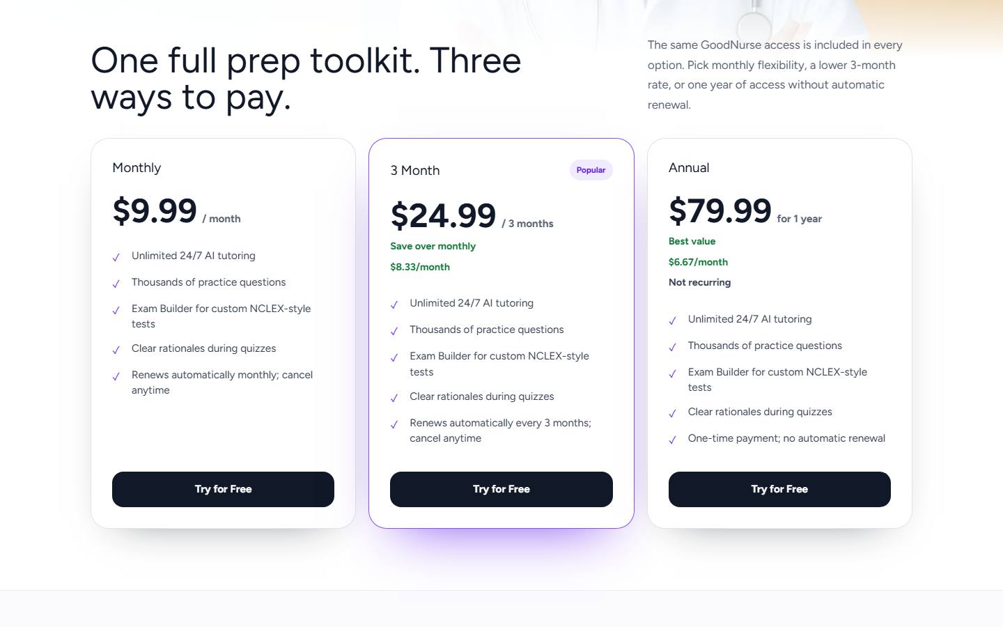 GoodNurse pricing page, captured 17 October 2026, showing $9.99 a month, $24.99 for three months and $79.99 for a year.