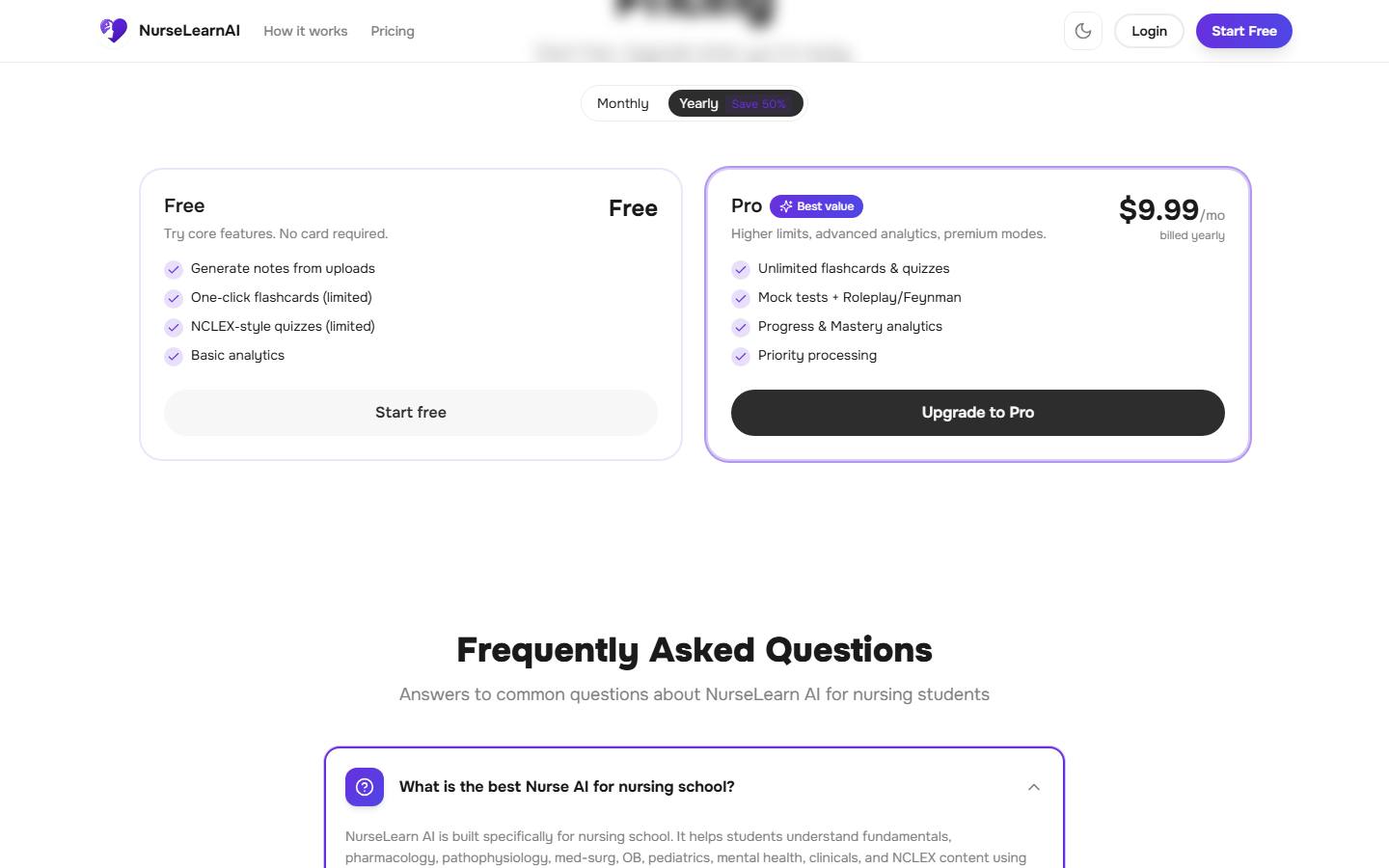 NurseLearn AI's pricing section, captured 17 October 2026, in its default yearly billing view, showing a Free plan and Pro at $9.99 a month billed yearly.