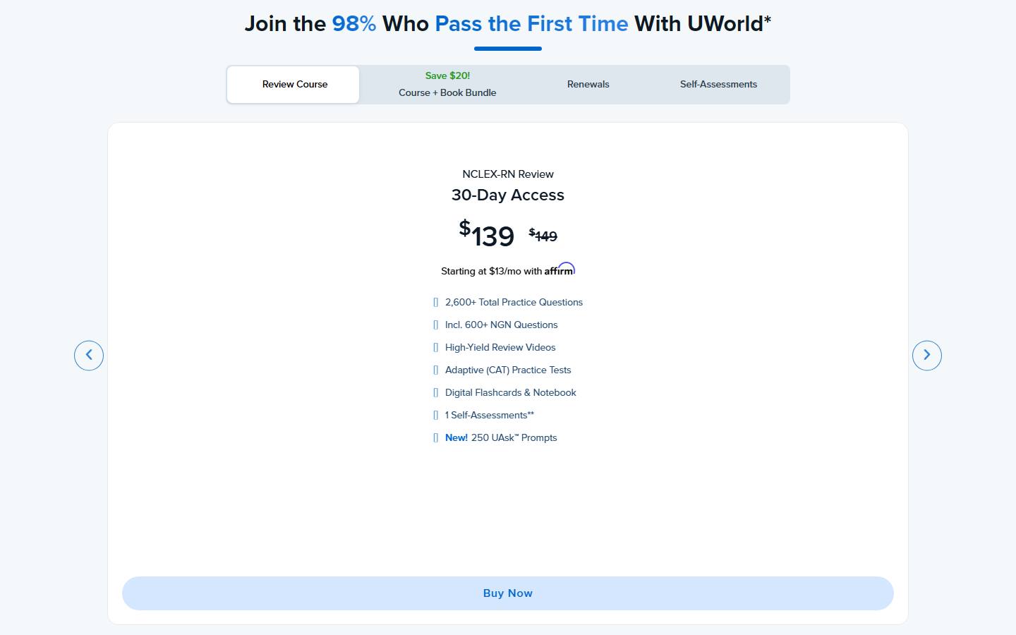 UWorld's NCLEX-RN Review Course pricing, captured 17 October 2026, showing the 30-day access card at $139 with $149 struck through and 250 UAsk prompts in its feature list.