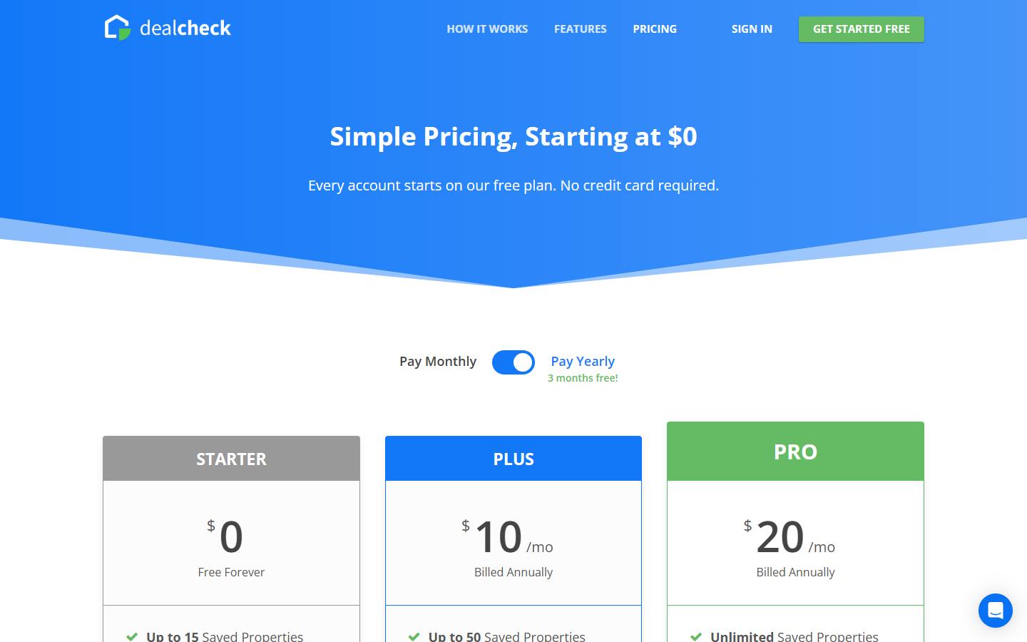 DealCheck's pricing page, captured 16 October 2026, in its default Pay Yearly view, showing Starter free forever, Plus at $10 a month and Pro at $20 a month, both billed annually.