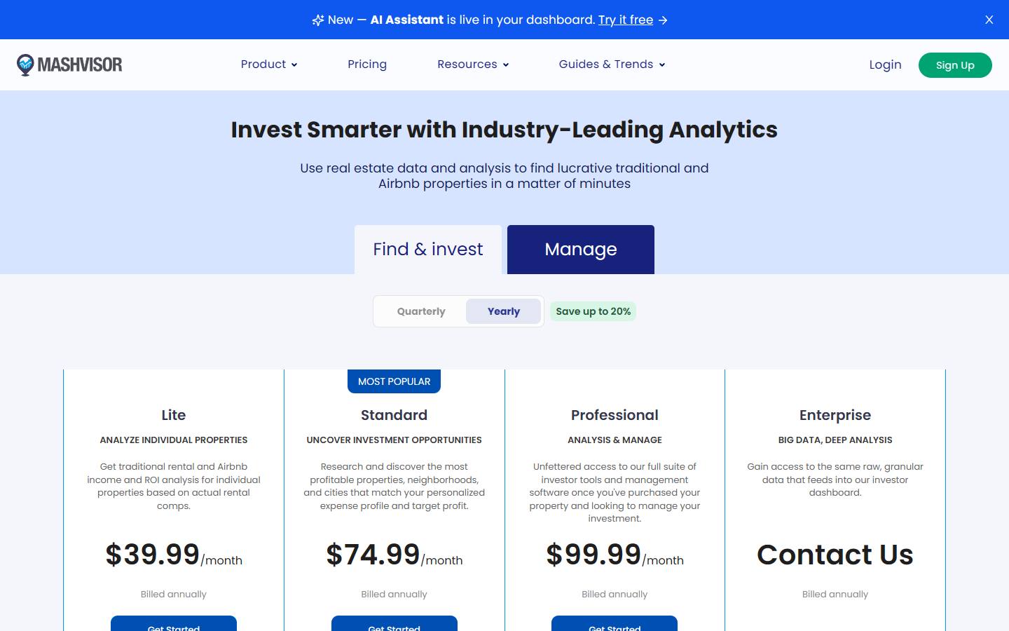 Mashvisor's pricing page, captured 16 October 2026, in its default yearly view, showing Lite at $39.99, Standard at $74.99 and Professional at $99.99 a month billed annually, with Enterprise on request.