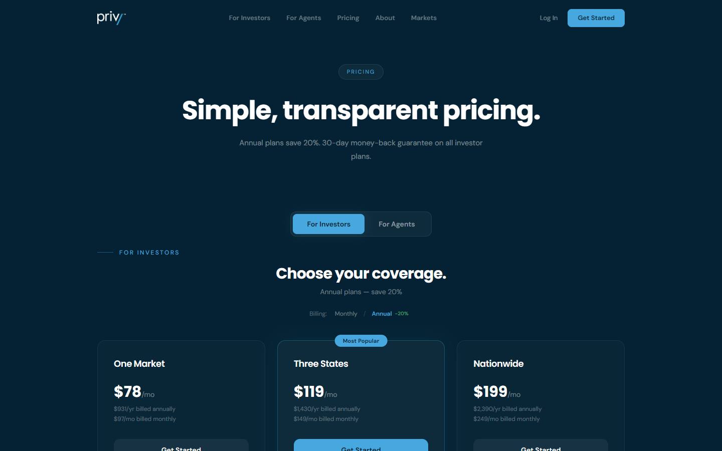 Privy's pricing page, captured 16 October 2026, in its default annual view, showing One Market at $78, Three States at $119 and Nationwide at $199 a month billed annually, with each card also printing its monthly price.