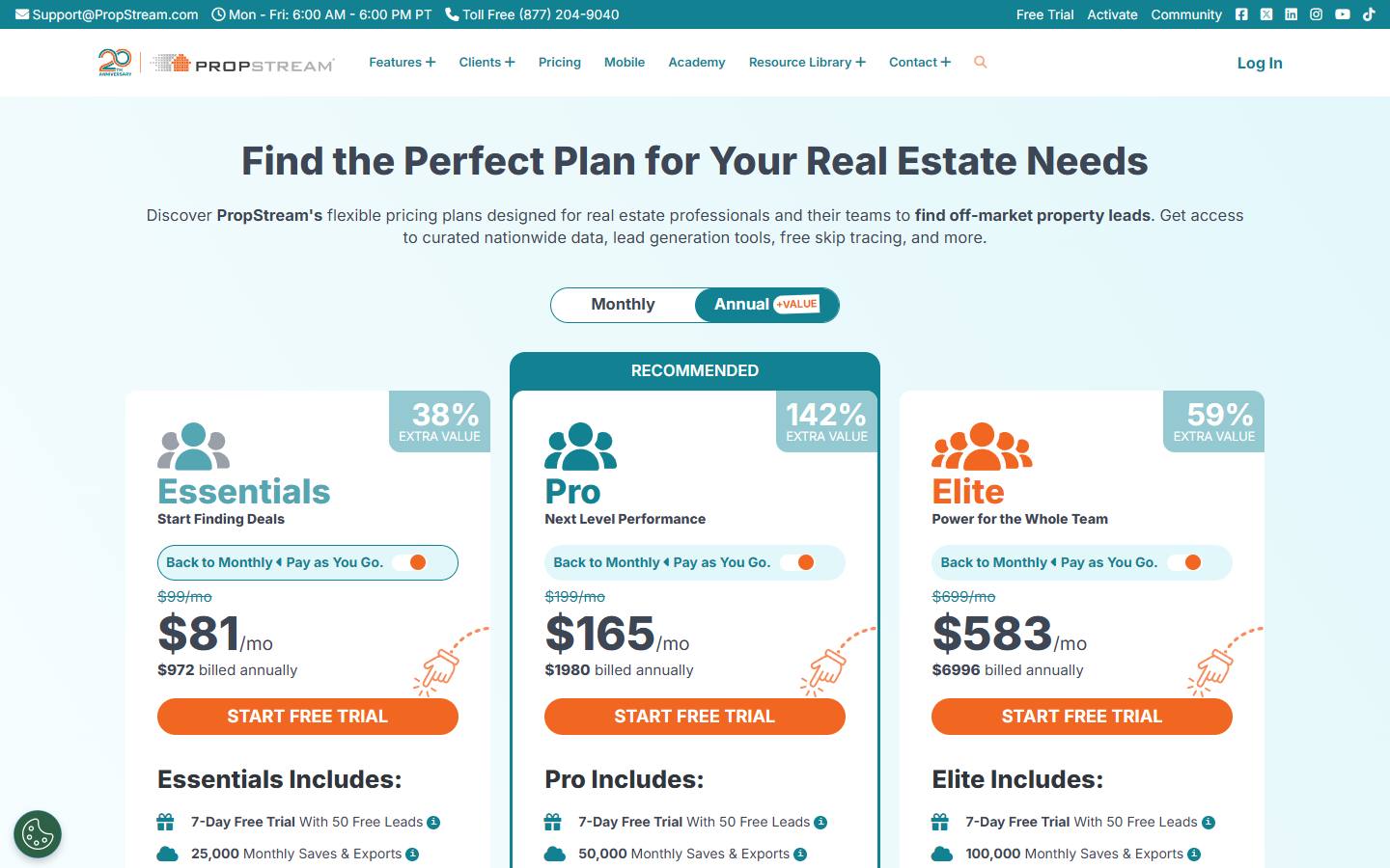 PropStream's pricing page, captured 16 October 2026, with annual billing selected, showing Essentials at $81, Pro at $165 and Elite at $583 a month billed annually, under struck-through monthly prices of $99, $199 and $699.