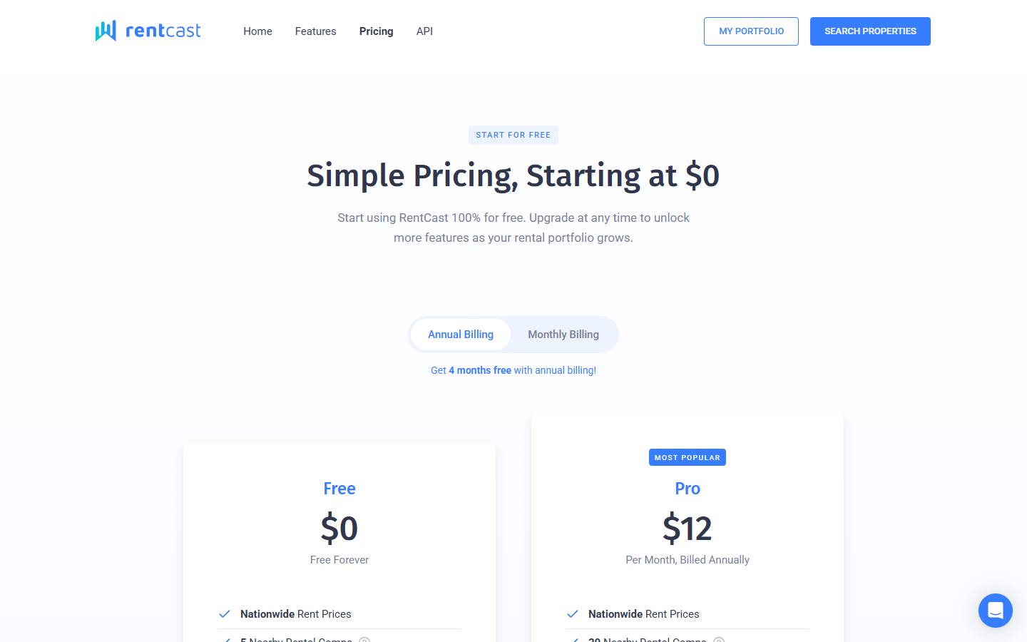 RentCast's pricing page, captured 16 October 2026, in its default annual billing view, showing the Free plan at $0 and Pro at $12 a month billed annually.