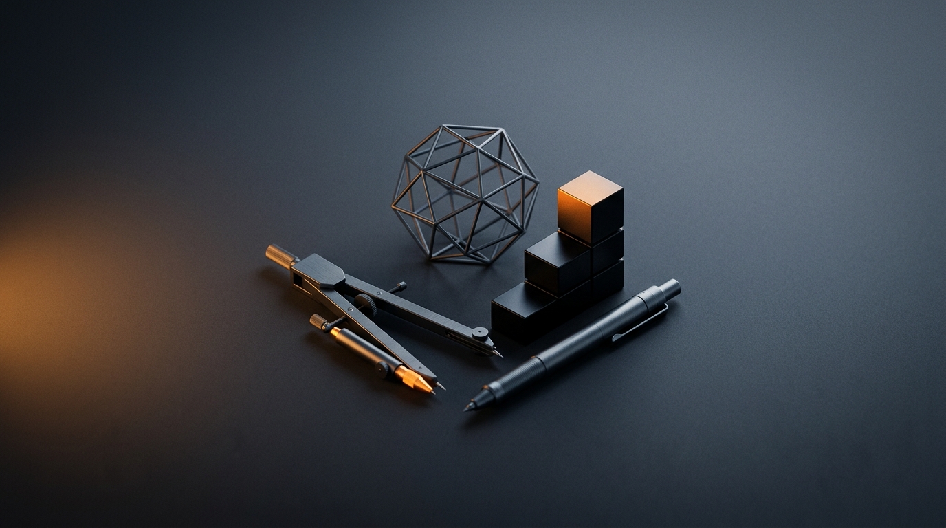 A drafting compass, mechanical pencil and pen beside a wireframe polyhedron and stacked blocks on a dark desk