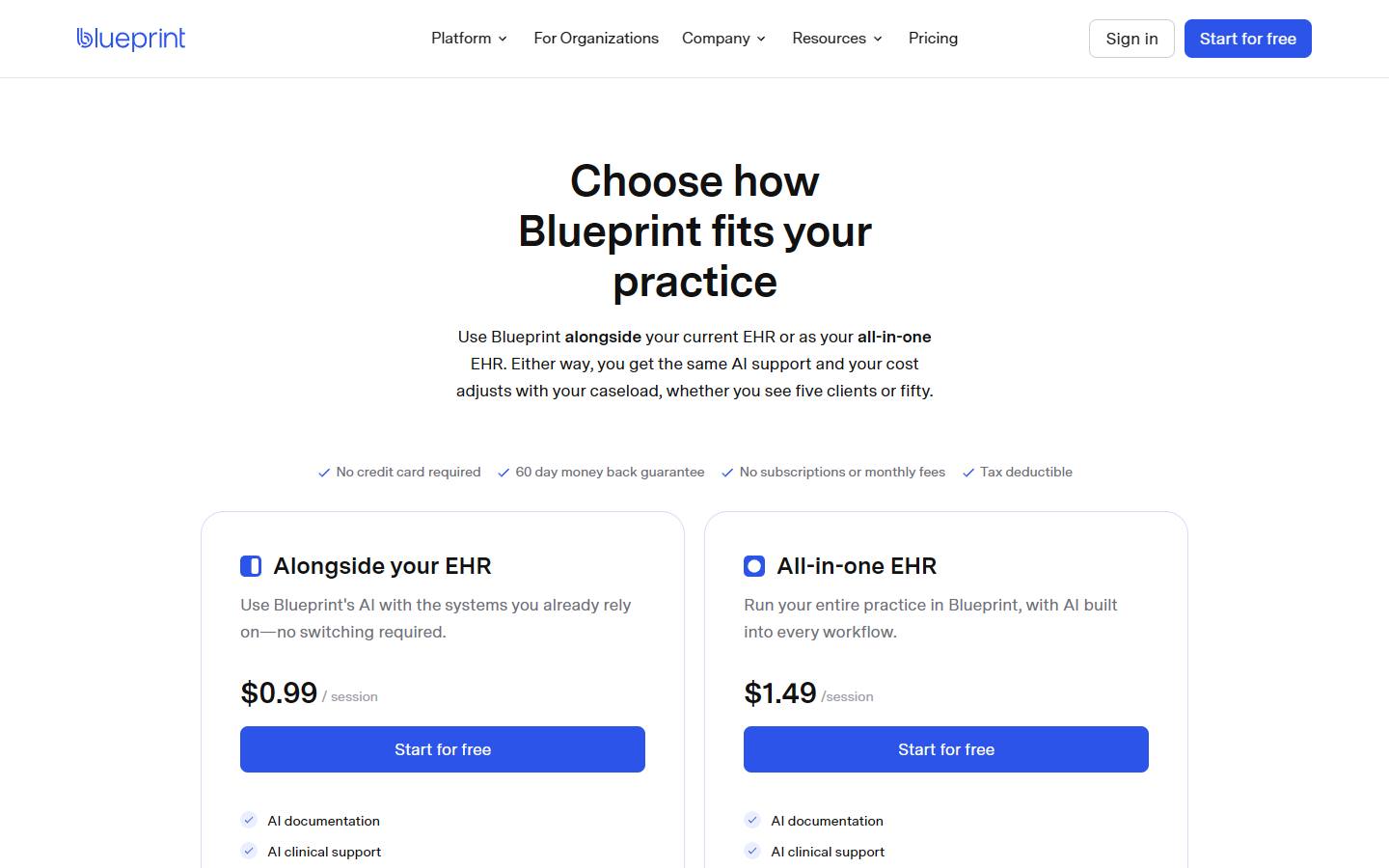 Blueprint's pricing page, captured 16 October 2026, showing the Alongside your EHR plan at $0.99 a session and the All-in-one EHR plan at $1.49 a session.