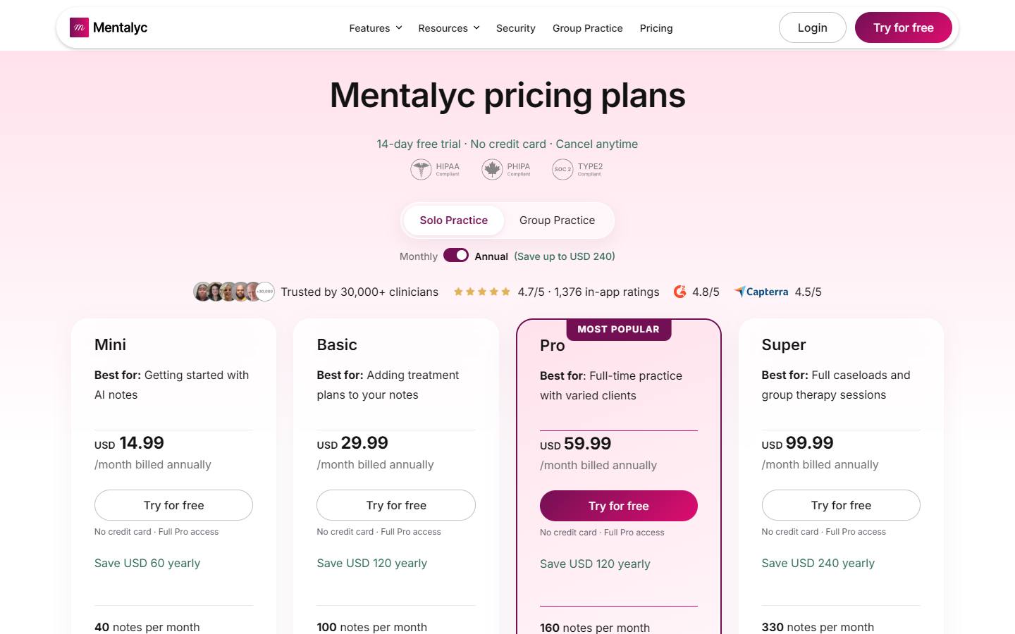 Mentalyc's pricing page, captured 16 October 2026, in its default annual billing view, showing Mini at USD 14.99, Basic at USD 29.99, Pro at USD 59.99 and Super at USD 99.99 a month billed annually, with HIPAA, PHIPA and SOC 2 badges.