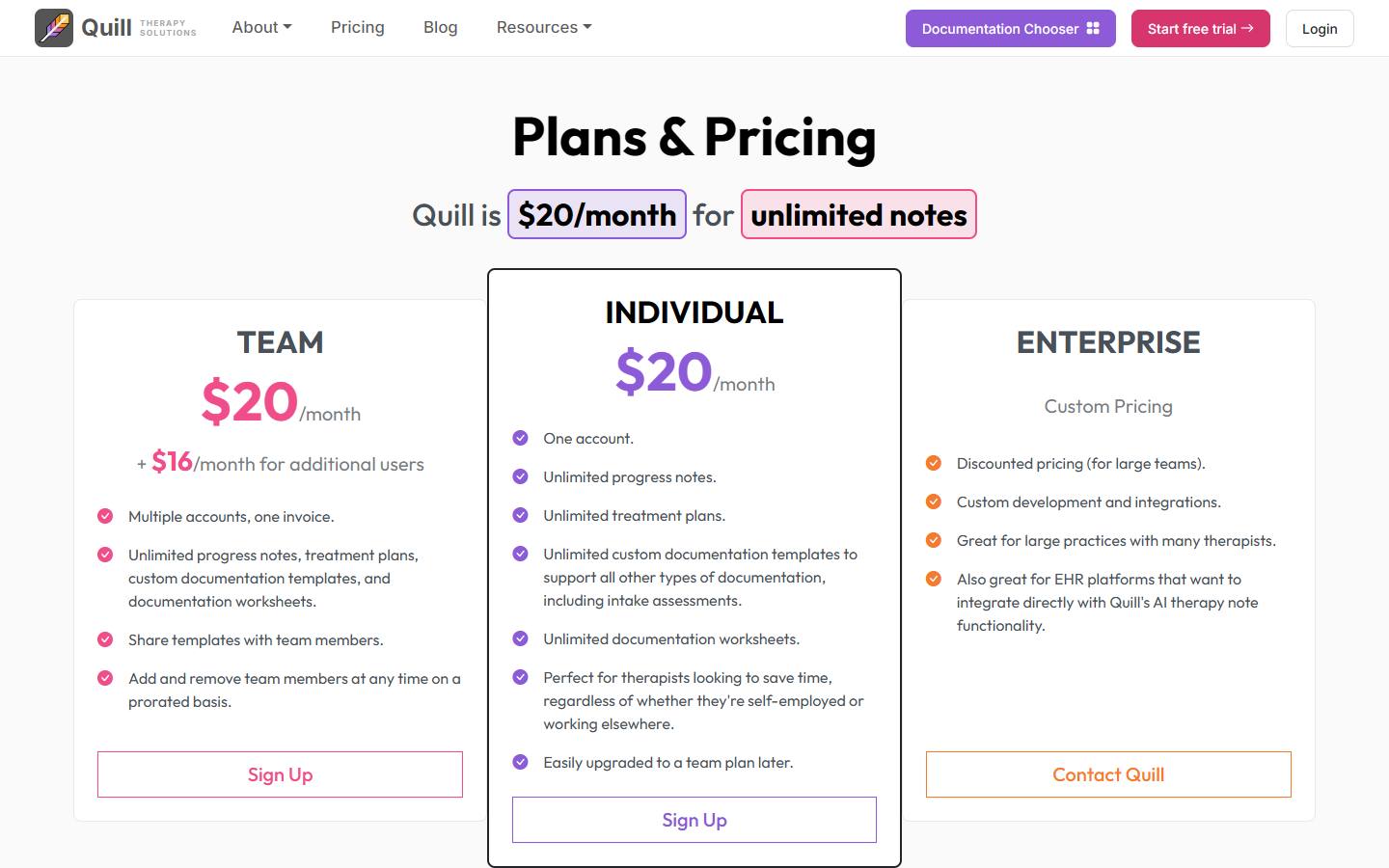 Quill's pricing page, captured 16 October 2026, showing $20 a month for unlimited notes on the Individual plan, a Team plan at $20 plus $16 a month for each additional user, and custom Enterprise pricing.