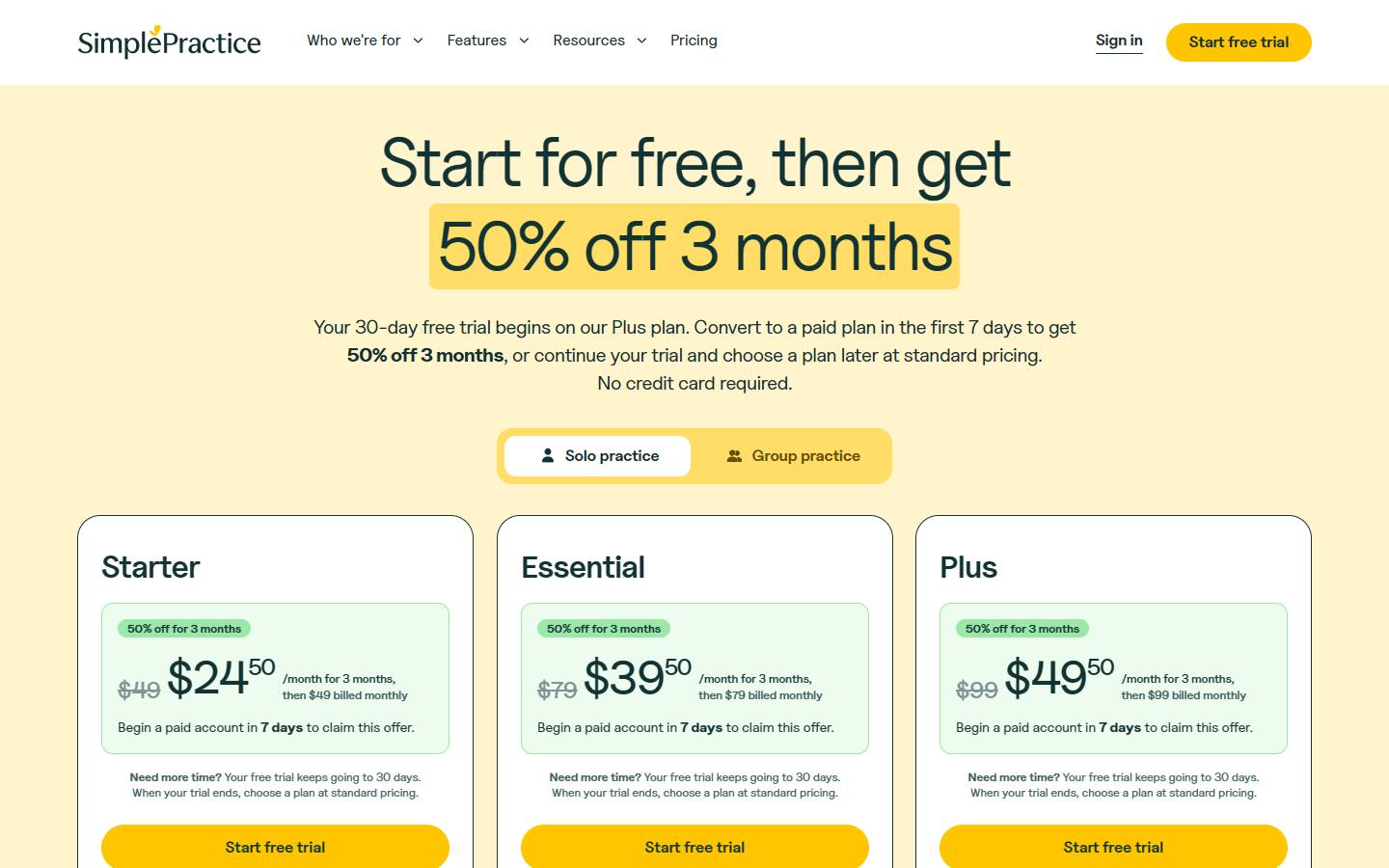 SimplePractice's pricing page for solo practices, captured 16 October 2026, showing the Starter, Essential and Plus plans with standard prices of $49, $79 and $99 struck through beside halved three-month offer prices.