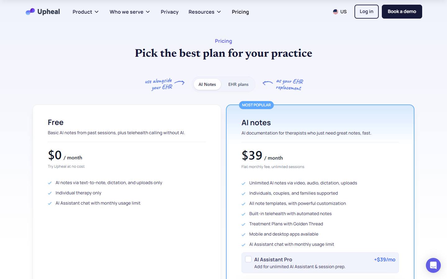 Upheal's pricing page on its default AI Notes tab, captured 16 October 2026, showing a Free plan at $0 a month, the AI notes plan at $39 a month and an AI Assistant Pro add-on at $39 a month.