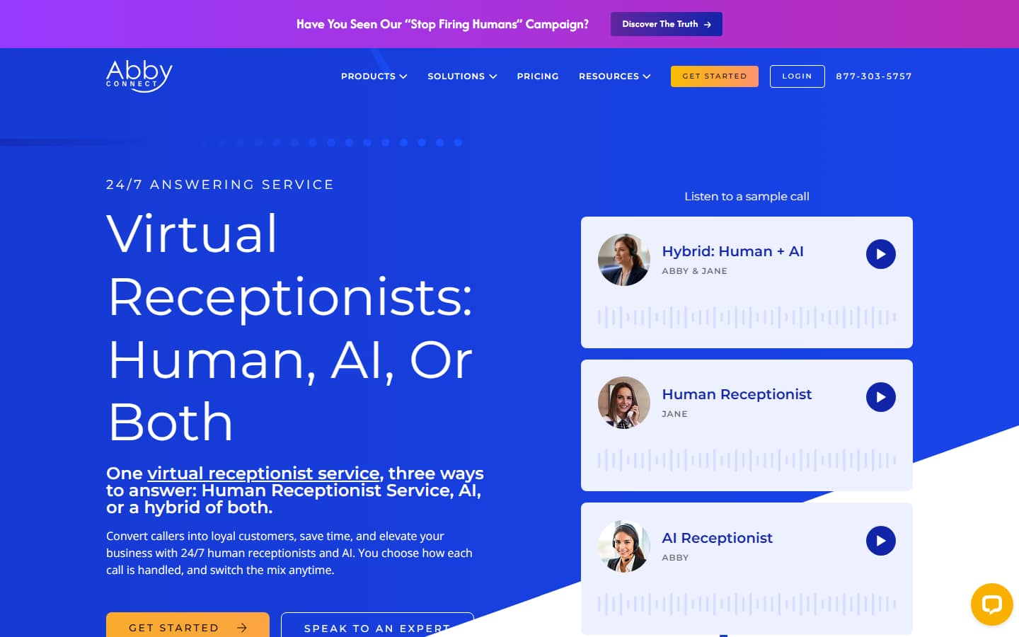 Abby Connect's homepage on 5 October 2026, headlined 'Virtual Receptionists: Human, AI, Or Both', with sample calls for hybrid, human and AI answering and a 'Stop Firing Humans' campaign banner.