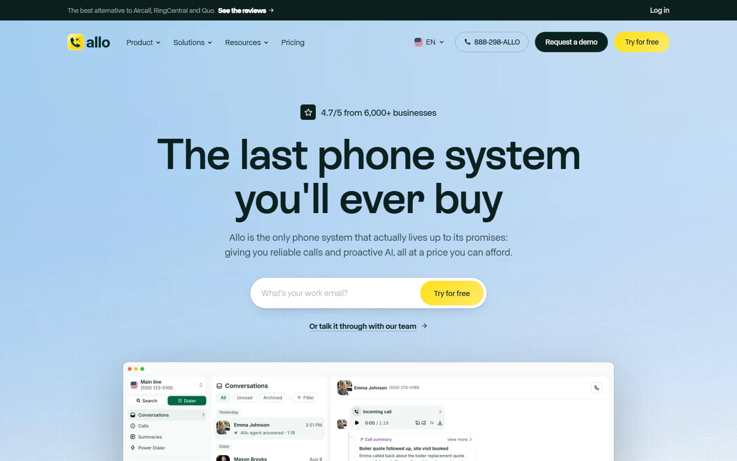 Allo's homepage on 5 October 2026, headlined 'The last phone system you'll ever buy', with a preview of its call inbox showing an AI call summary.