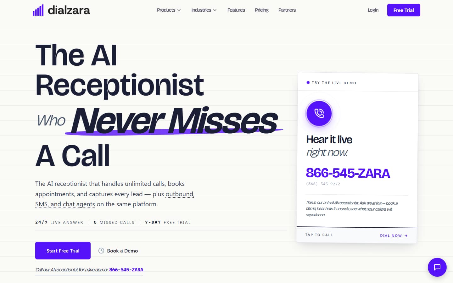 Dialzara's homepage on 5 October 2026, headlined 'The AI Receptionist Who Never Misses A Call', with a live demo phone number and a 7-day free trial noted below the headline.