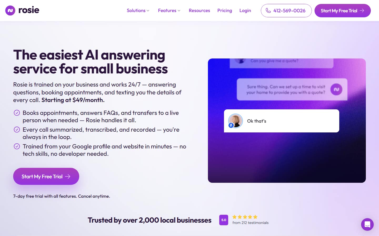 Rosie's homepage on 5 October 2026, headlined 'The easiest AI answering service for small business' and quoting a starting price of $49 a month with a 7-day free trial.