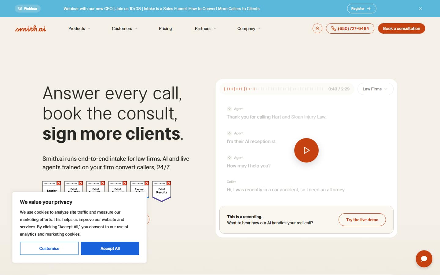 Smith.ai's homepage on 5 October 2026, pitching call intake for law firms with AI and live agents, a sample call transcript and a cookie consent notice.
